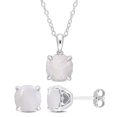 Miadora 4-1/10ct TGW Cushion-Cut Opal 2-Piece Solitaire Necklace and Stud Earrings Set Sterling Silver