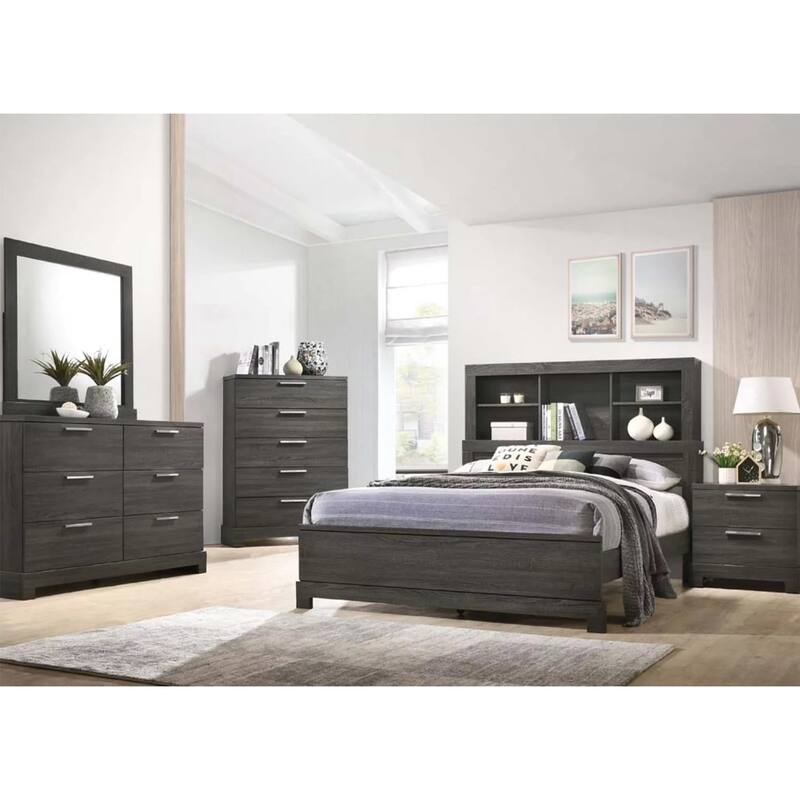 5 Open Compartments Wooden Eastern King Bed in Gray Oak Finish