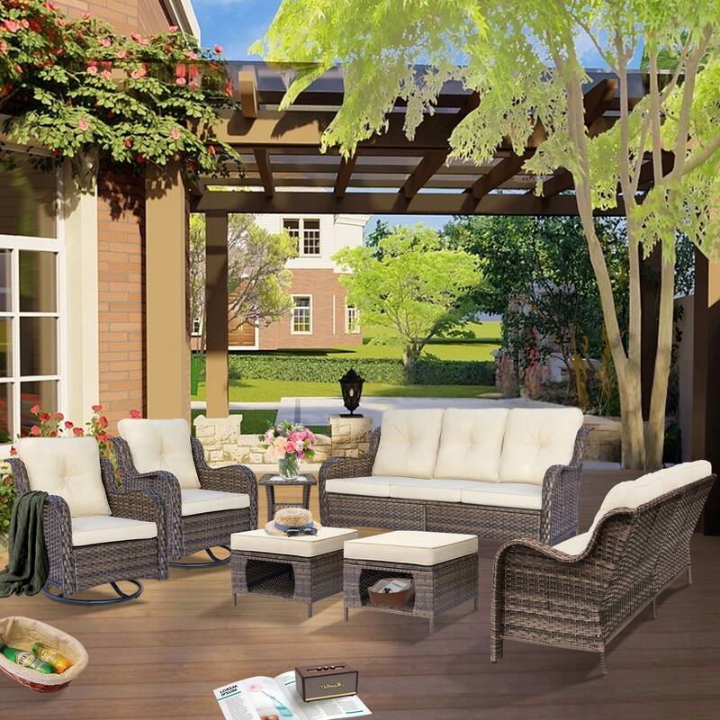 Wicker Outdoor Patio Conversation Seating Sofa Sets with Swivel Chairs - 7 Piece - Beige