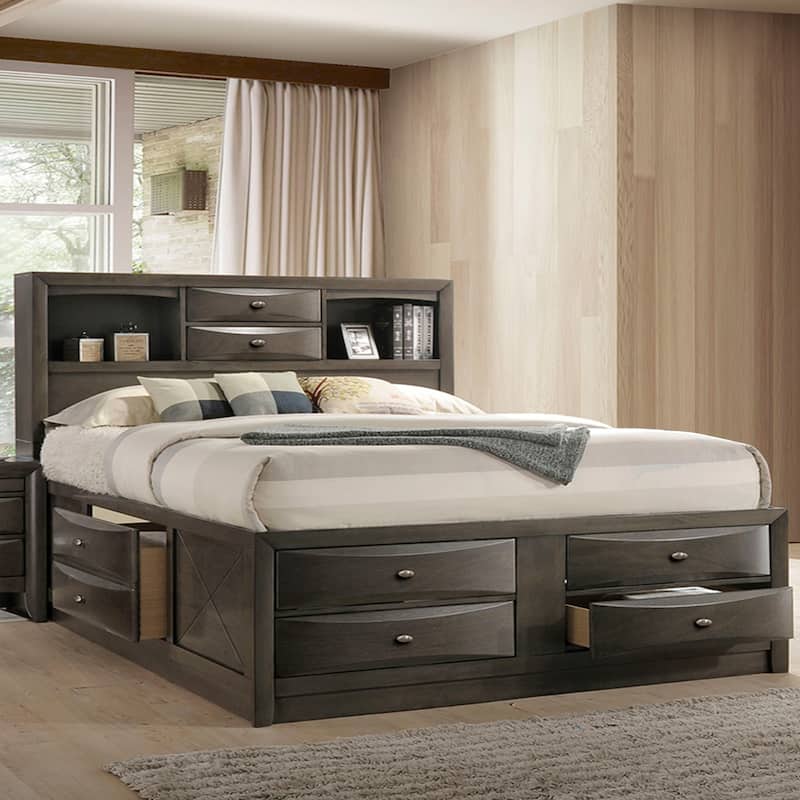 Wooden Eastern King Bed with Bookcase and Drawers