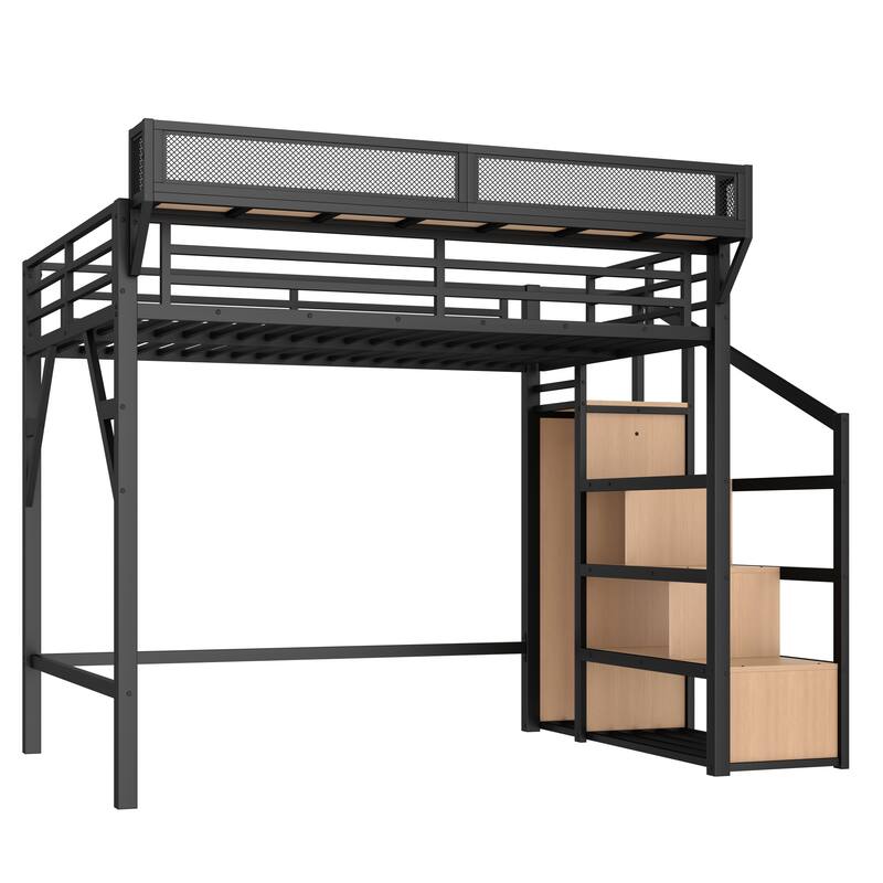 Full Metal Loft Bed with Storage Stairs, Shelves and Built-in Wardrobe