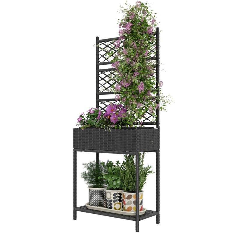Outdoor Raised Garden Bed Rattan Plant Stand with Trellis and Storage Shelf for Herbs or Flowers - 21.7" L x 10.2" W x 52.4" H