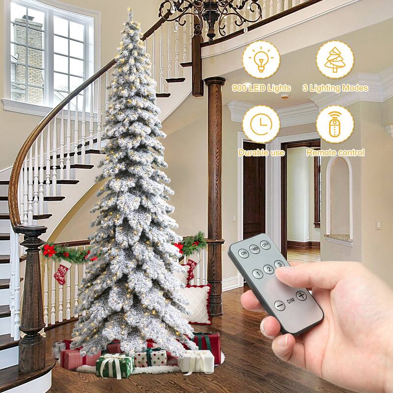 Glitzhome 12ft Pre-Lit Flocked Slim Spruce Artificial Christmas Tree with 900 Lights