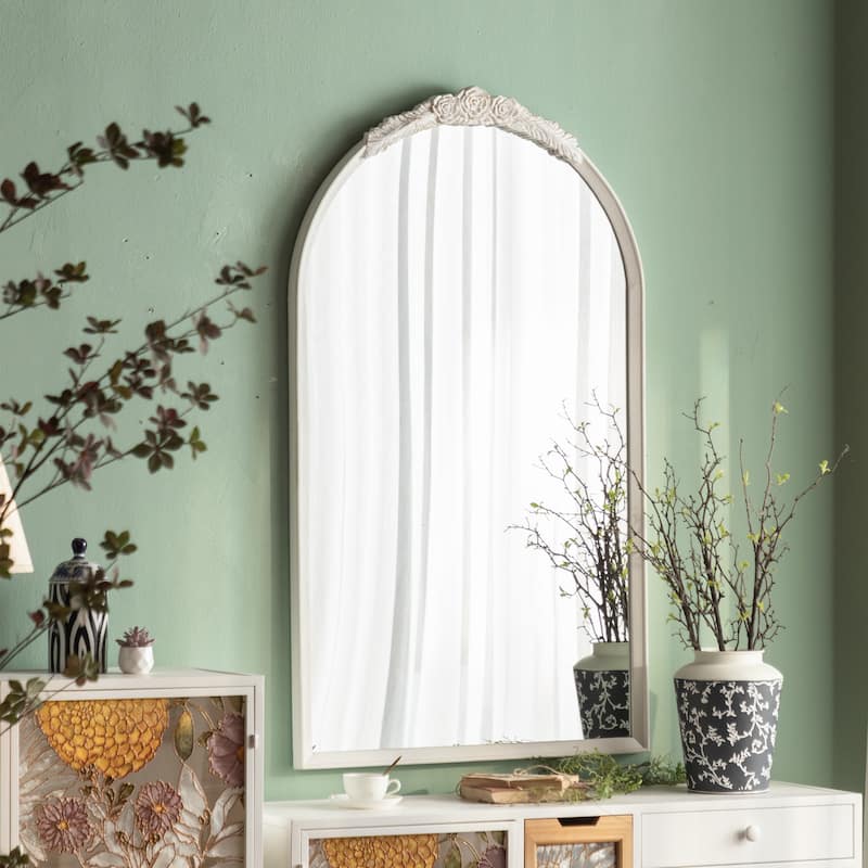 Chic Arched Wall Mirror with Floral Ornament - Elevate American Home Decor