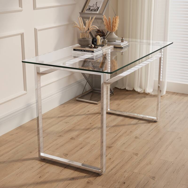 Modern Minimalist Rectangular Glass Dining Table with 0.31" Tempered Glass Tabletop and Silver Chrome Metal Legs