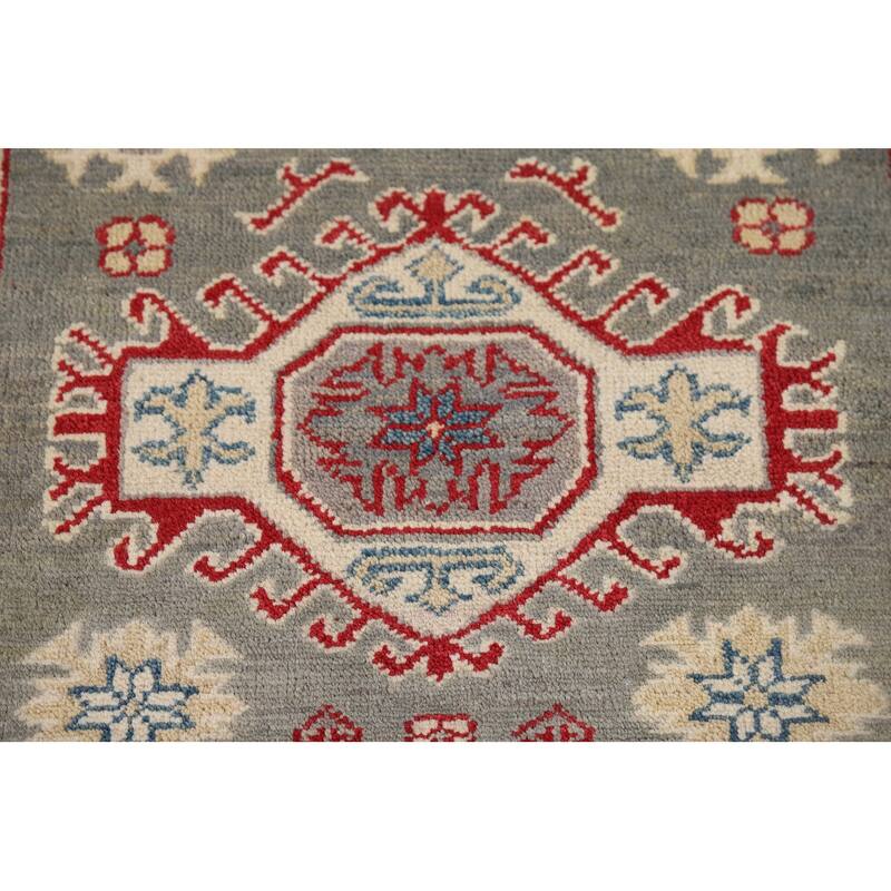 Geometric Kazak Runner Rug Handmade Oriental Grey Wool Carpet - 2'7" x 16'3"