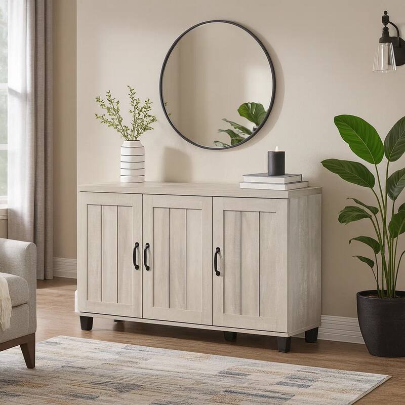 45 Inch 3 Door Sideboard Cabinet, 6 Shelves, 3 Door Handles, Ivory Gray