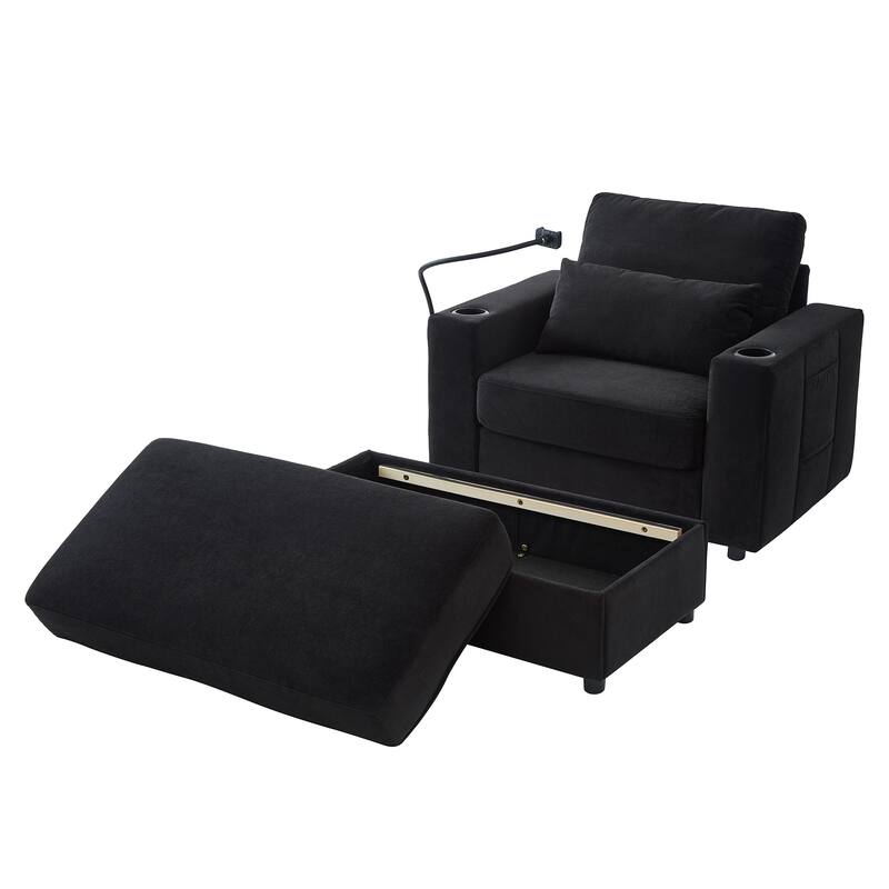 Chenille Modern Chaise Lounge Sofa with Storage Ottoman, USB Ports, Cup Holders and Side Pockets