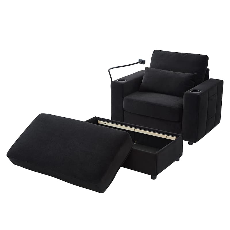 Modern Style Armchair with a Movable Storage Ottoman, Two USB Ports, Two Cup Holders, a Phone Holder and Side Pockets
