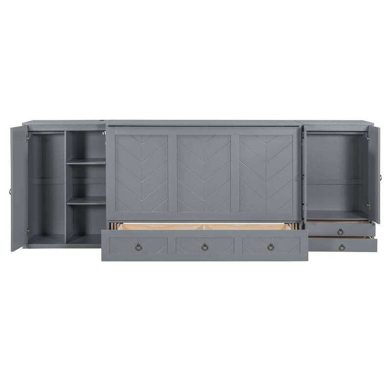 Queen Size Solid Wood Murphy Bed with Charging Station, Built-In Wardrobes, Drawers, and Foldable Cabinet Design