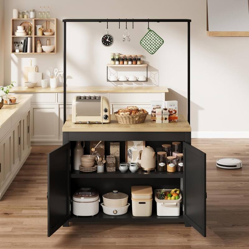 41" Kitchen Island with Storage, 1.2" Countertop with Double Shelves, 5 Hooks, Metal Coffee Bar Table, Black