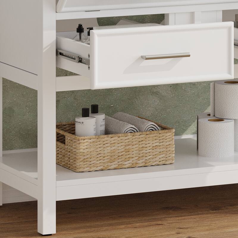 Roomfitters 36" Bathroom Vanity with Ceramic Sink, Tip-Out Tray, 2 Full-Extension Soft-Close storage units and Open Shelf