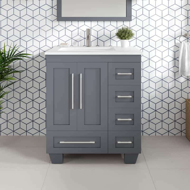 Eviva Loon Bath Vanity with Carrara Quartz Vanity Top & Undermount Sink - 28" - Dark Grey