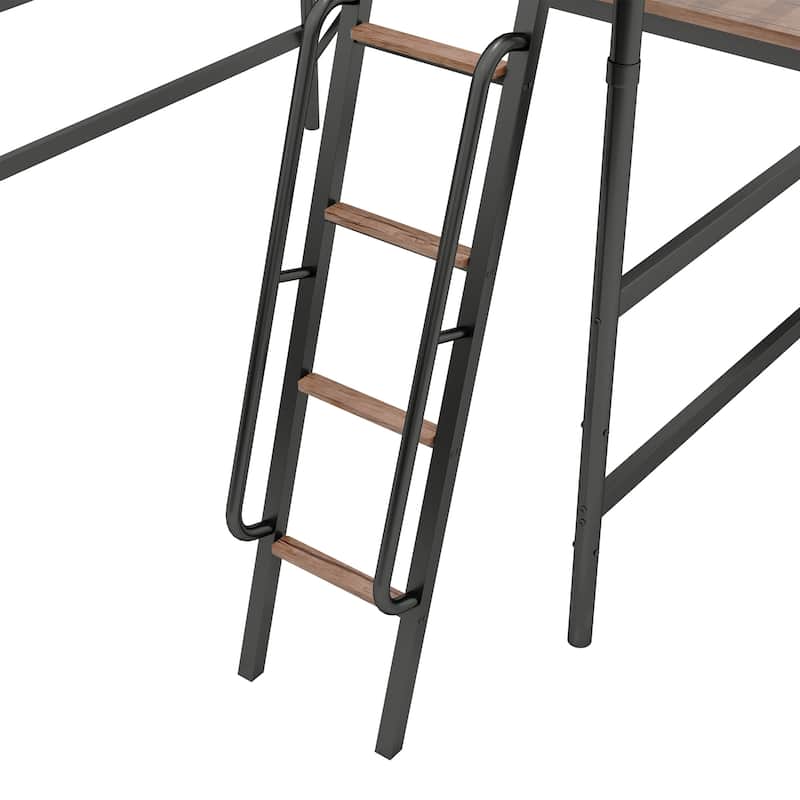 Full Size Metal Loft Bed with Desk, LED Light, and Charge Station, Black