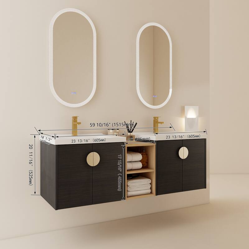 60 Inch Soft Close Doors Bathroom Vanity With Sink, and A Small Storage Shelves