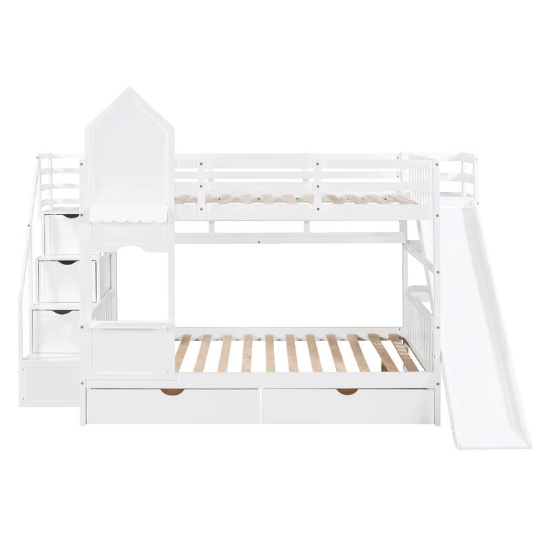 Bunk Bed with 2 Drawers 3 Shelves and Slide