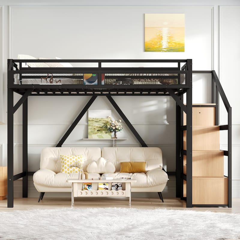 Full Loft Bed with Storage Stairs, Shelves and Built-in Wardrobe, Metal Loft Bed Frame with USB Ports and LED Lights