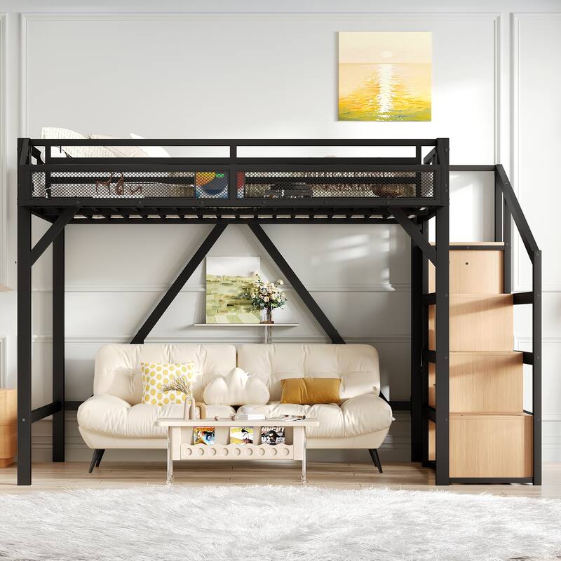 Noise-reduced Design Metal Loft Bed Frame with Storage Stairs, Shelves, Built-in Wardrobe, Light Strip and Charging Station