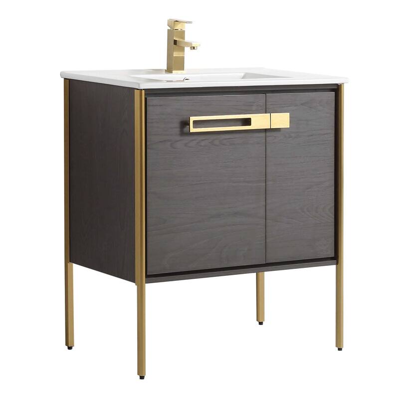 Fine Fixtures Oakville Bathroom Vanity with White Ceramic Sink - 30 Inch - Black Coal Oak - Satin Brass Hardware