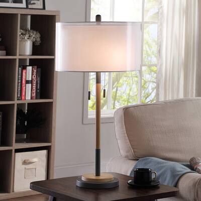 StyleCraft Lari Industrial Black and Wood Dual Finish Table Lamp with Sheer Clear White Drum Shade