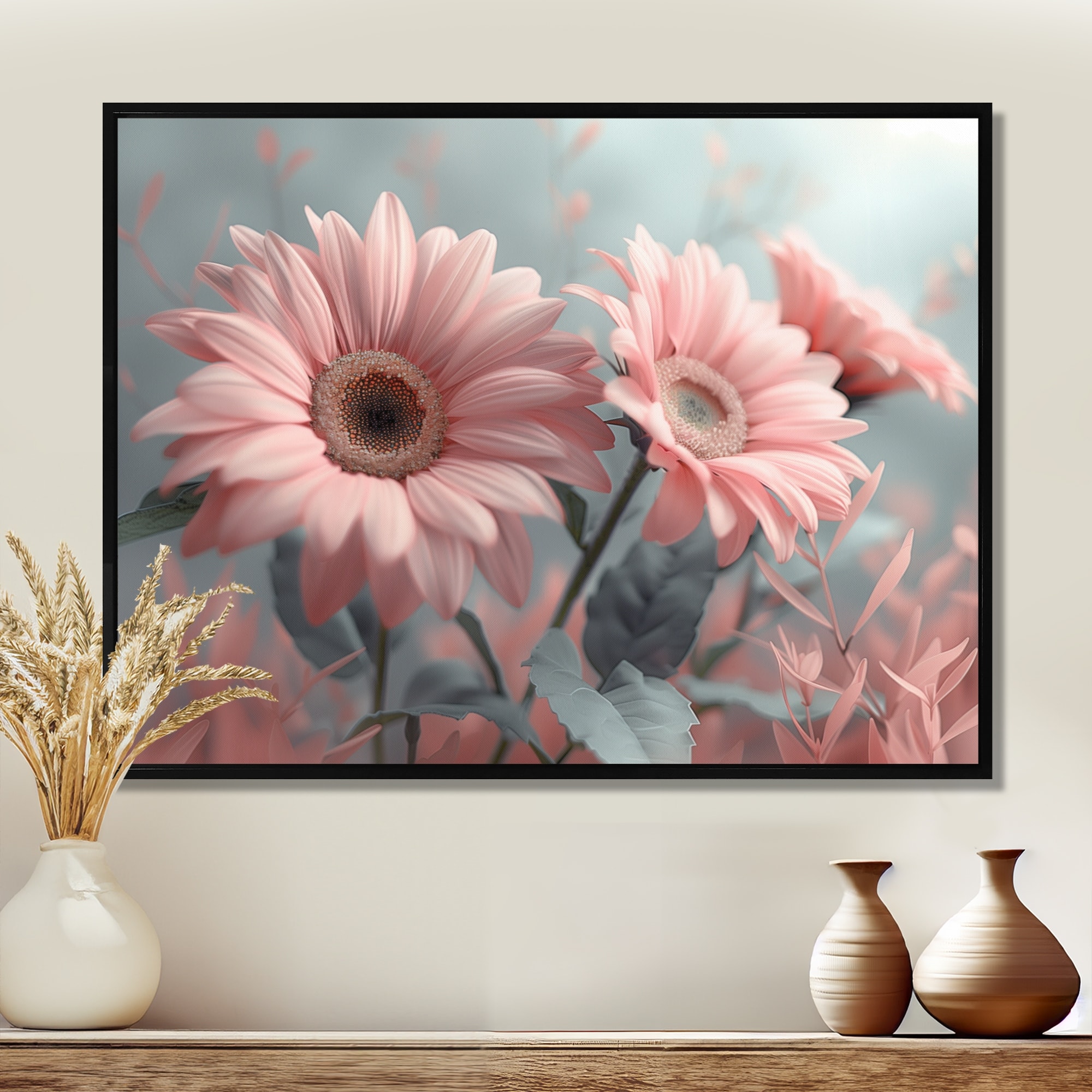 Designart "Pink Grey Botanical Beauty Daisies II" Daisies Framed Wall Art - Traditional Wall Decor Green Wall Art Print