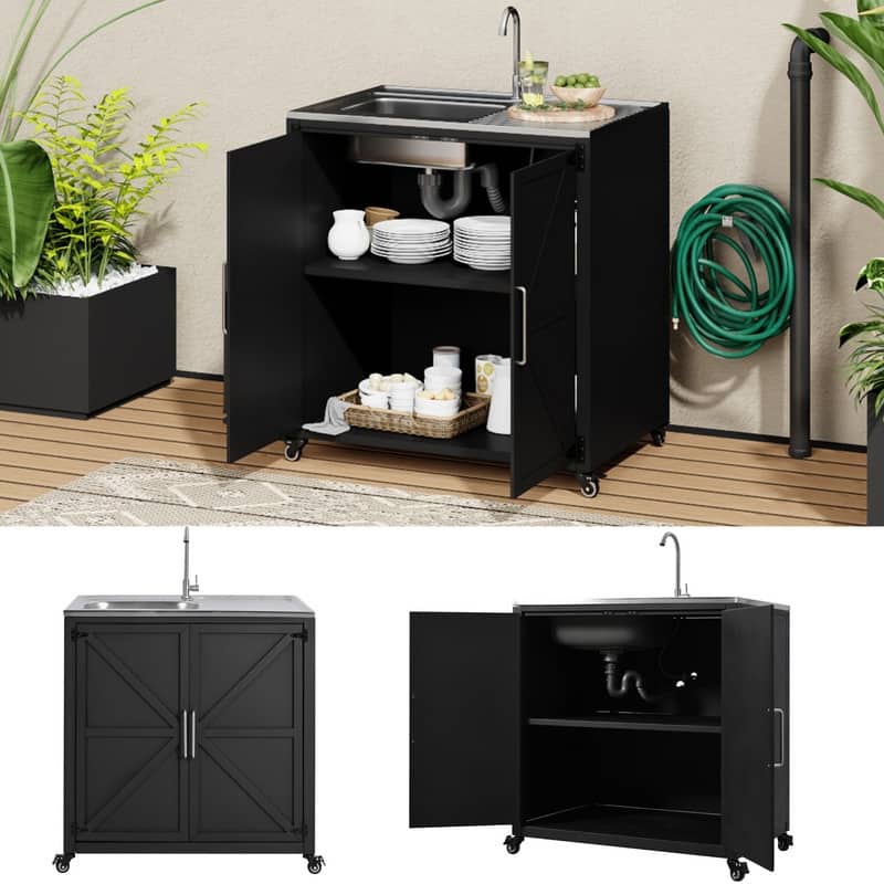 Outdoor Movable Kitchen Sink with Cabinet, Patio Modular Sink Station for Garden, Backyard, Matte Black Finish