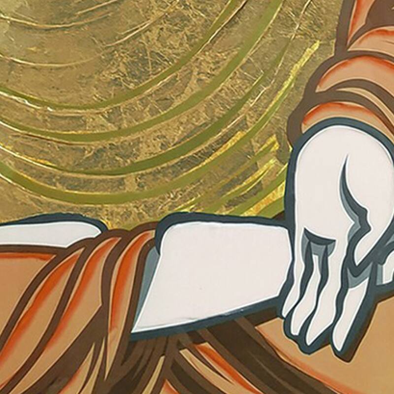 39 x 59 Hand Painted Buddha on Lotus, Gold Frame, Resin Coated, Red, Yellow - Red, Gold, Black