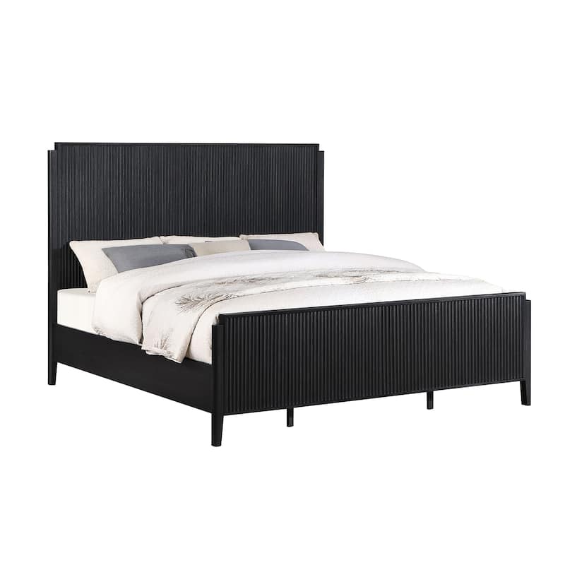 Wooden Panel Bed with Fluted Texturing Highlights Headboard in Black - Queen