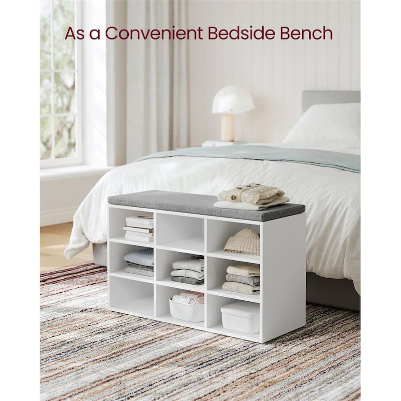 9-Compartment Storage Bench with Comfortable Linen-Look Seat Cushion for Shoes and Accessories - 11.9"D x 30.9"W x 18.9"H