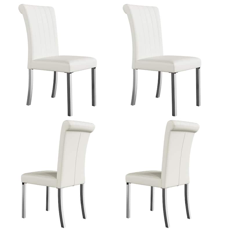 Luxury PU Leather Parsons Dining Chairs Side Chairs with Rolled Back and Stainless Steel Legs - White and Silver - Set of 4