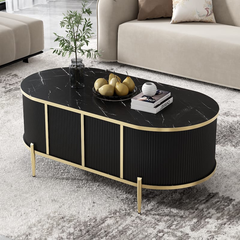 47.2" Modern Oval Coffee Table with Marble-patterned Top and 2 Cabinets
