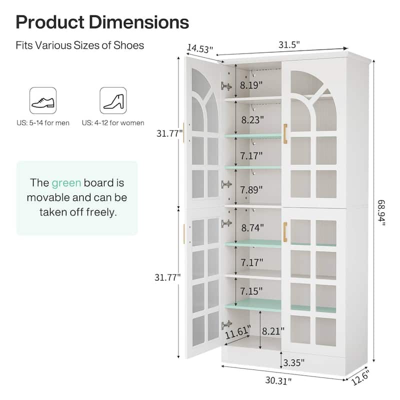 8-Tier Tall Shoe Storage Cabinet with Doors, Led Lights and Adjustable Shelves for Entryway, White