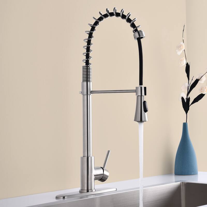 Topcraft Single Handle Pull Down Spring High Arc Kitchen Faucet with Base Plate