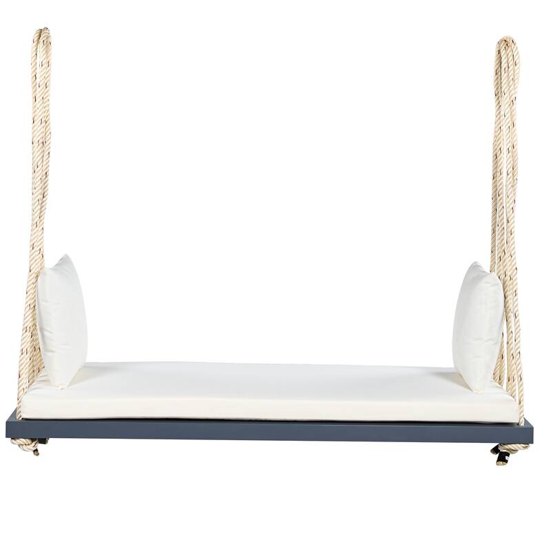Outdoor Wood Hanging Chair with Cushions & Adjustable Assembly, 400 lbs Capacity, Swing Chair with Durable Hemp Ropes