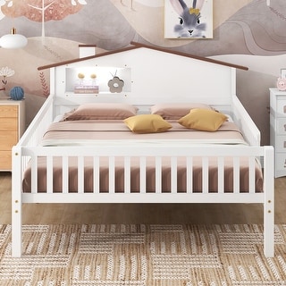 Full Wood Platform Bed with House Headboard, LED & Built-in Storage, White