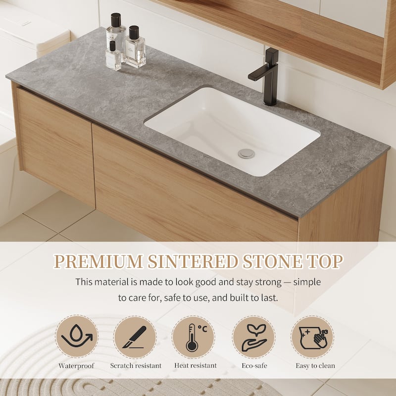 48" Single Bathroom Vanity, Modern, Gray Stone Stop, Light Solid Wood