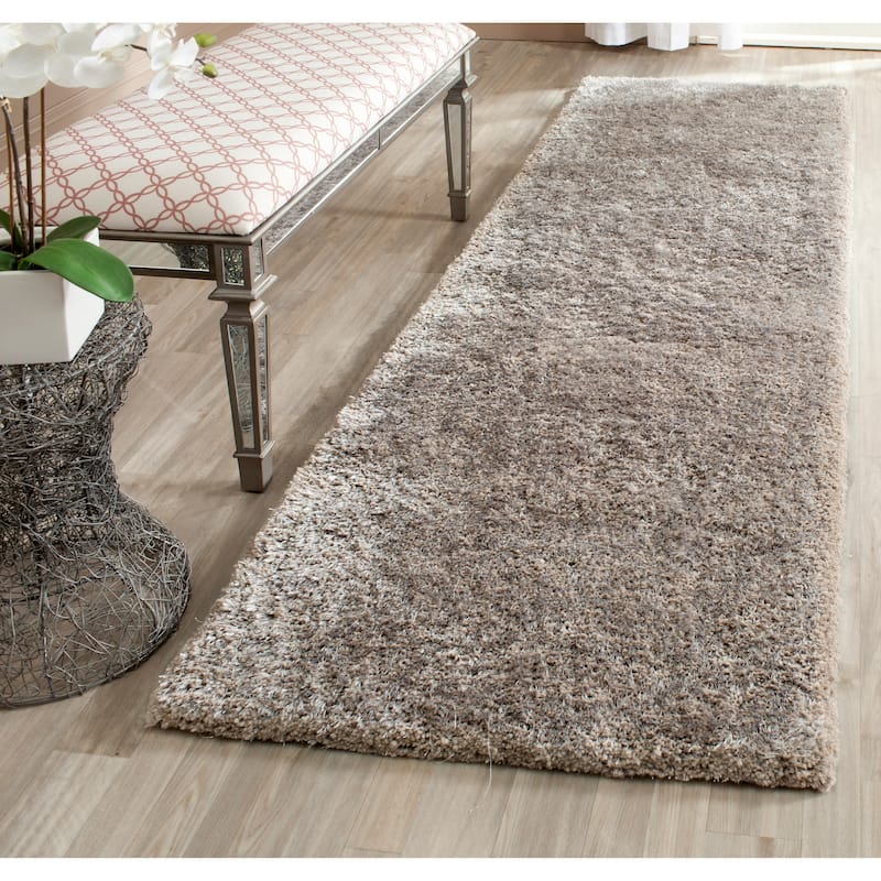 SAFAVIEH Handmade South Beach Leonella Shag Solid Polyester Rug - 2'3" x 8' Runner - Silver - Runner