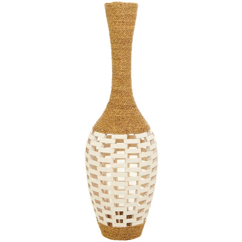 Brown Seagrass Handmade Wrapped Tall Floor Vase with Open Framed Cream Bamboo Center