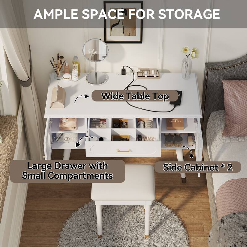 Vanity Makeup Table and Chair Set, Built-in Power Charging Station Dressing Table Writing Desk with Storage Organizer