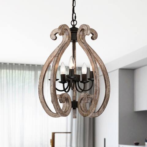 Lina 17 Inch Farmhouse Lantern Wood Grain Finish Pendant 6 Light