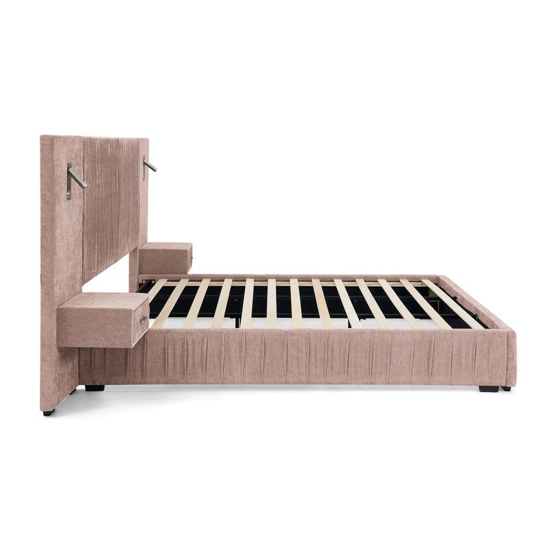 Roomfitters Queen Upholstered Chenille Platform Bed with Pleated Headboard and Built-In Bedside Tables, Solid Frame
