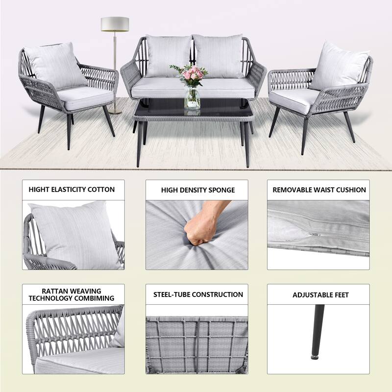 4 Piece Outdoor Patio Furniture Sets, Wicker Conversation Set for Porch Deck, Gray Rattan Sofa Chair with Cushion&Table