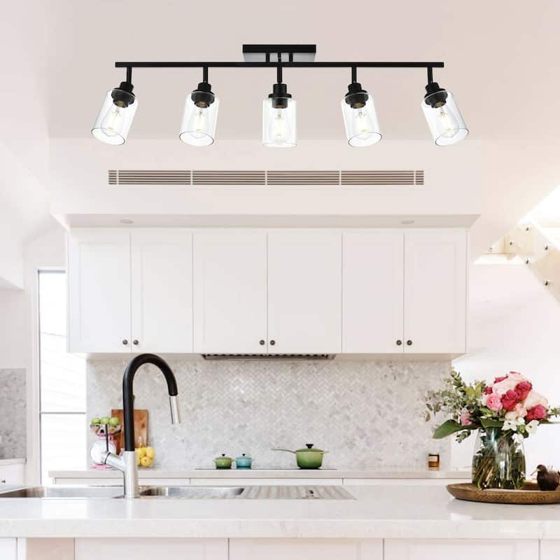 5-Light Track Lighting Kit Bathroom Light Fixtures Matte Black Ceiling Spotlight Fixture, Clear Glass Shade