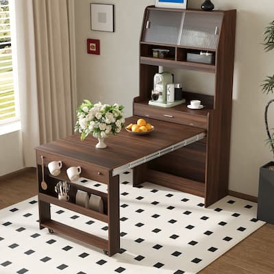 Multifunctional Cupboard Buffet with Storage Shelf,Side Hooks,Hutch and Foldable Dining Table