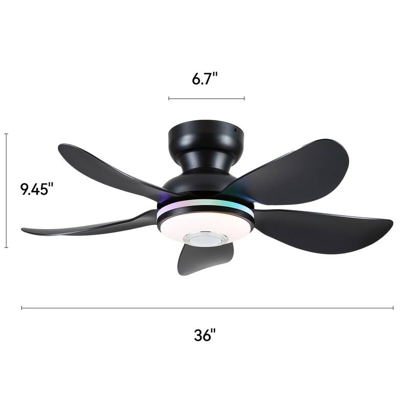Kviflon 36/46 inches RGB Flush Mount Ceiling Fan with Light and Remote and Speaker