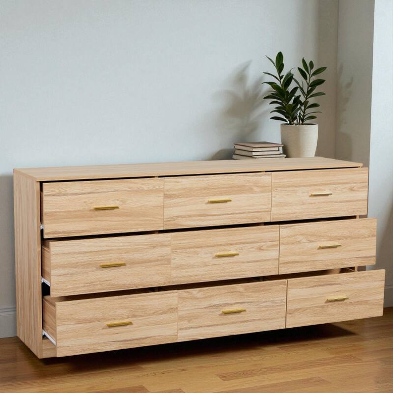 Modern 9-Drawer Dresser Wide Bedroom Chest Engineered Wood Storage Cabinet with Golden Handles and Ample Space - Natural