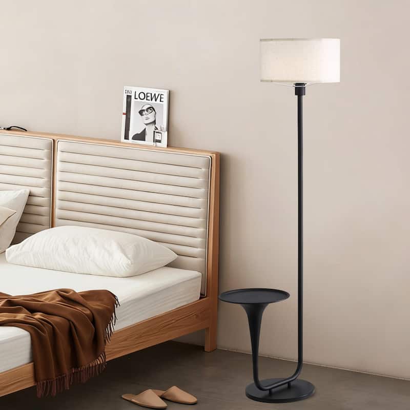 Anmytek Modern LED Floor Lamp with Integrated Side Table, Matte Black Metal Frame & Linen Drum Shade for Living Room