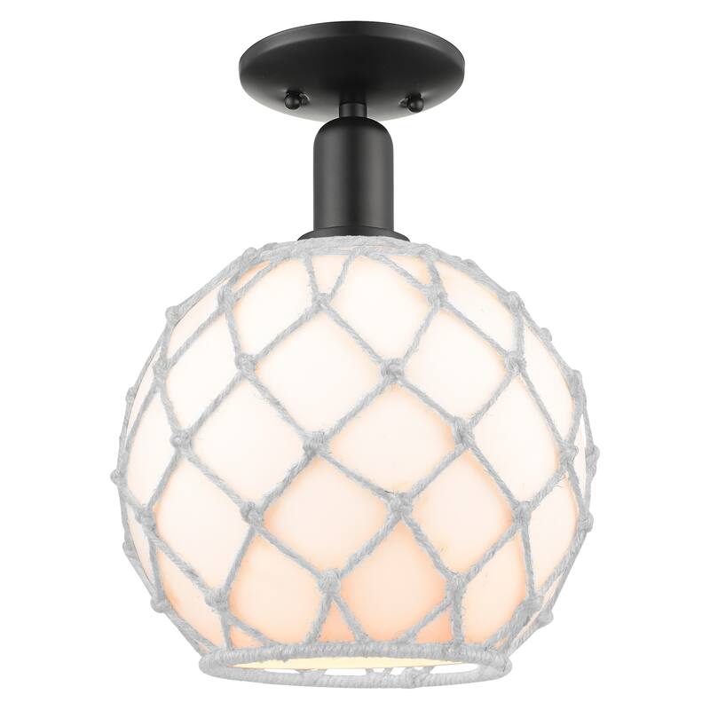 Innovations Lighting 716-1C-14-10 Farmhouse Rope Semi-Flush Farmhouse - Matte Black / White Glass with White Rope