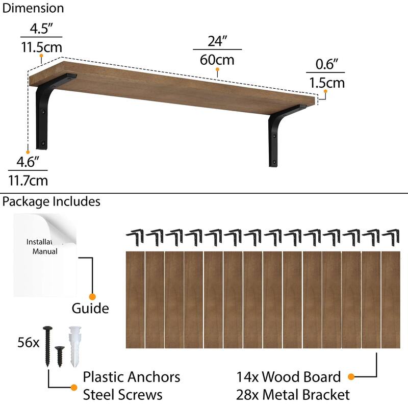 Wallniture Nola 24" Floating Shelves for Wall Decor, Wood Shelves for Living Room, Office, Kitchen Storage Shelves, 14 Pcs