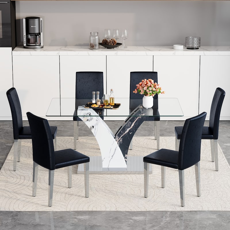 63-Inch Rectangular Dining Table Set with Tempered Glass Top and Chairs, Modern Kitchen & Living Room Dining Set for Apartments
